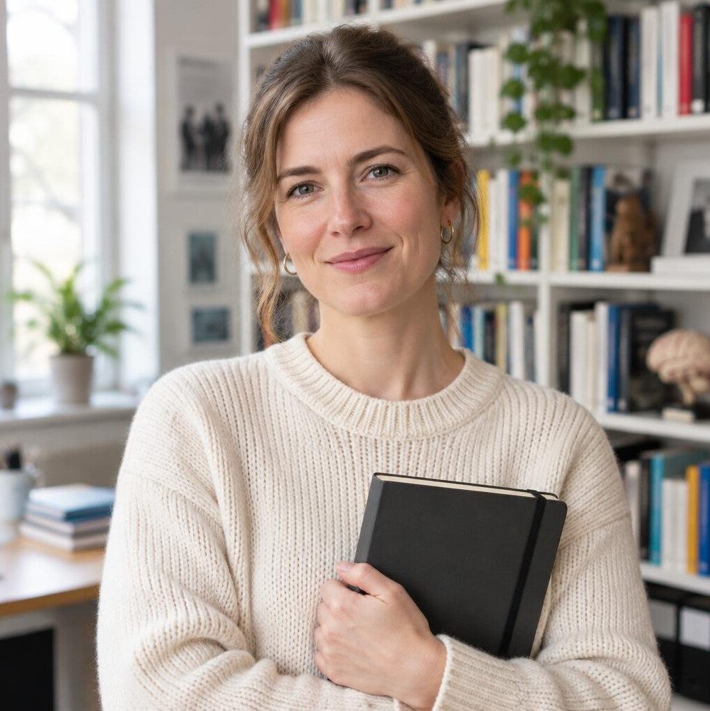 Thoughtful German woman in a cream knit sweater holding a notebook in a bright study