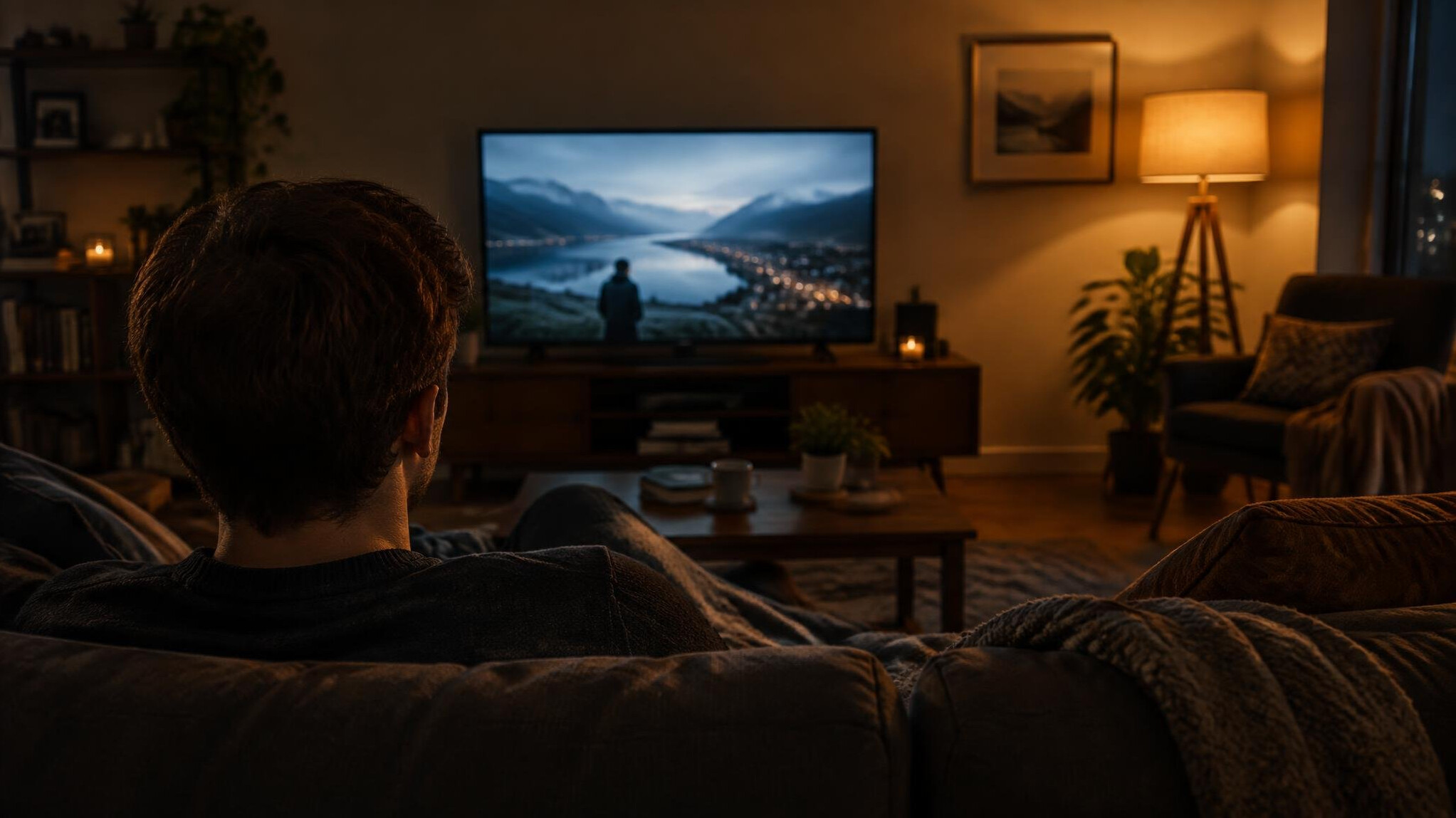Silhouette of a person watching a bright screen in a dim living room