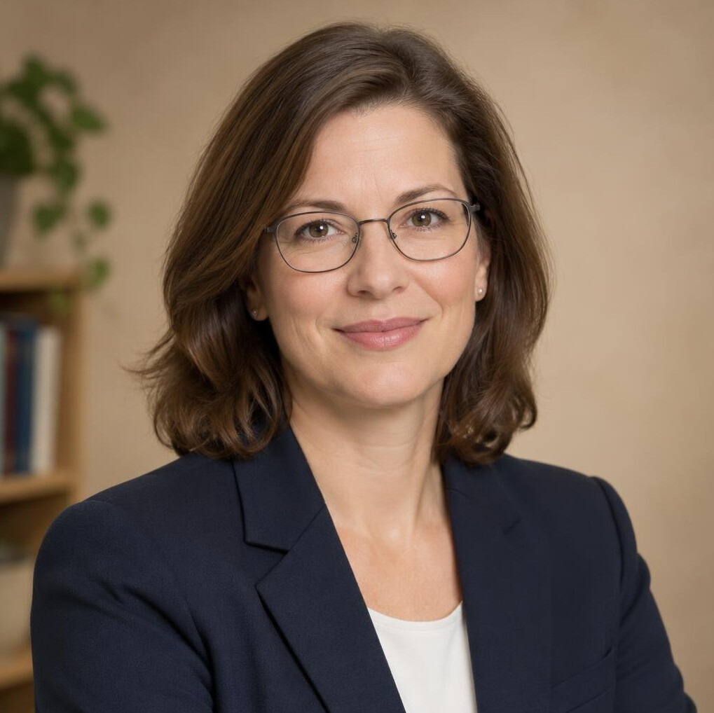 Portrait of a German woman researcher with shoulder-length brown hair and glasses