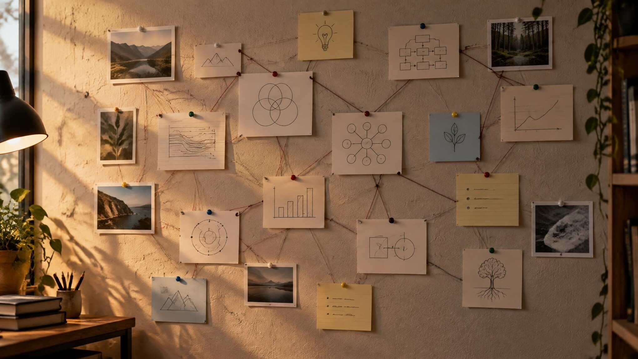 Wall with pinned research notes, diagrams and index cards connected by thread